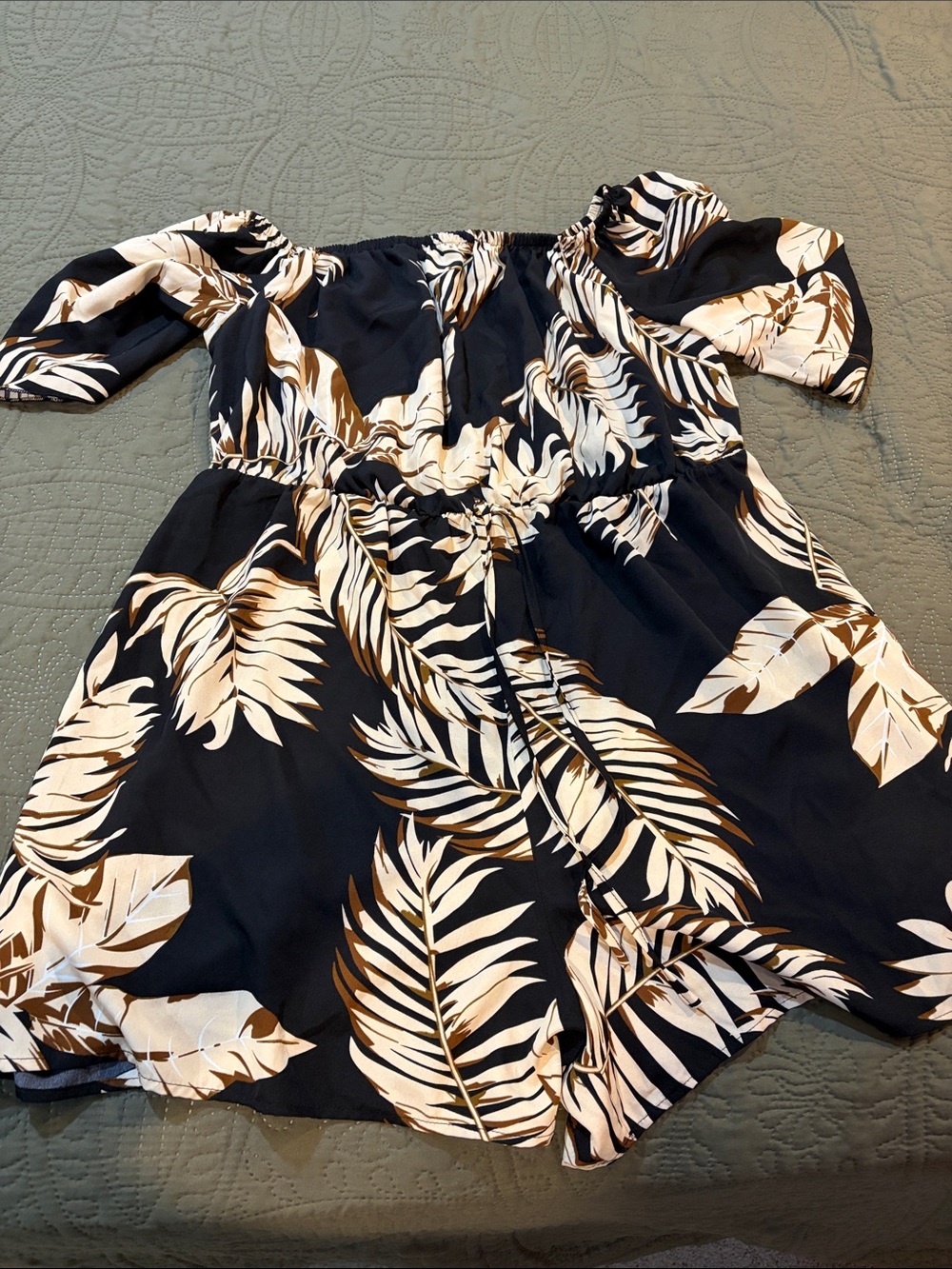 Women’s Black and Cream Tropical Off-Shoulder romper